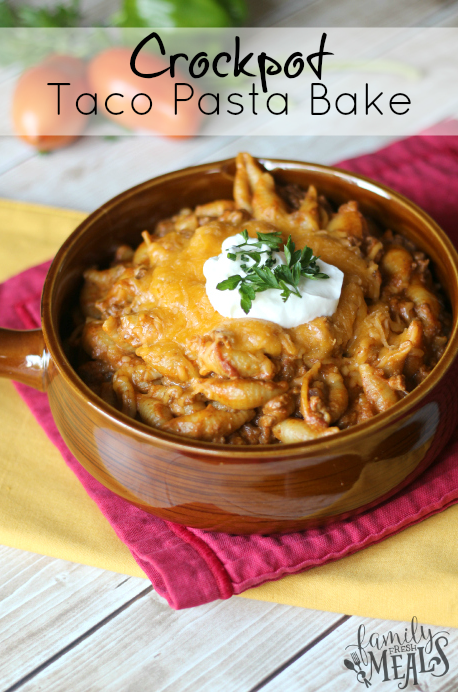 Easy Crockpot Taco Pasta Bake in a serving bowl