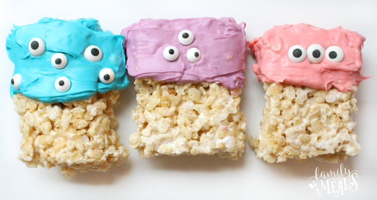 Three Easy Halloween Monster Rice Krispie Treats on a plate