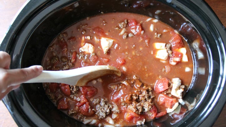 Easy Crockpot Taco Pasta Bake - Pasta bake ingredients in a Slow Cooker