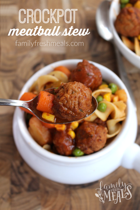 Crockpot Meatball Stew in a soup bowl