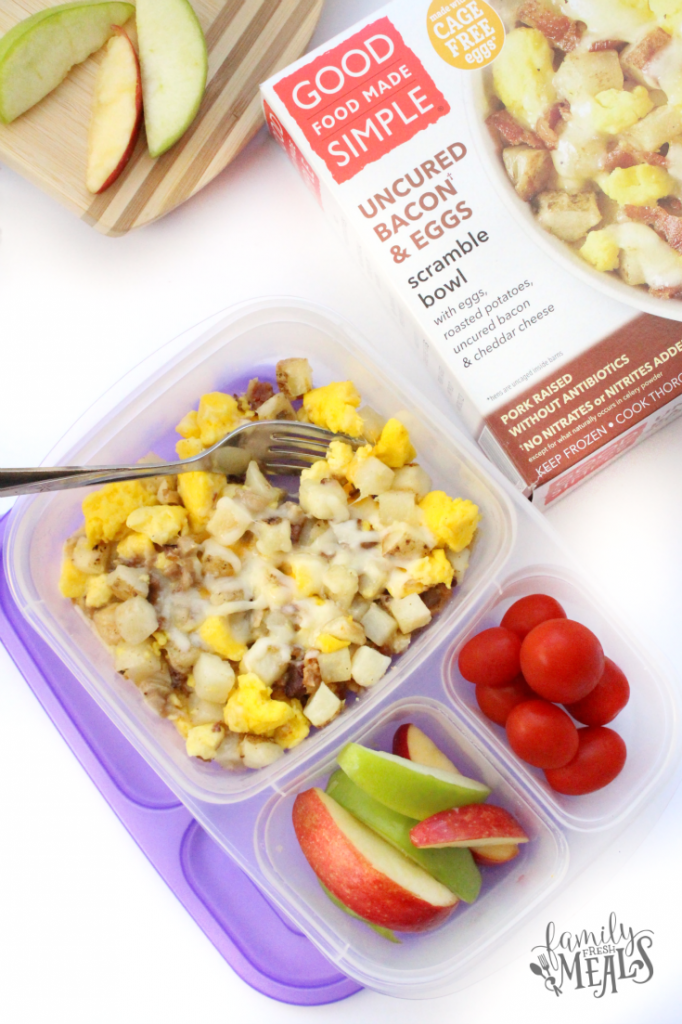 bacon and egg scramble packed in a lunchbox with fruit