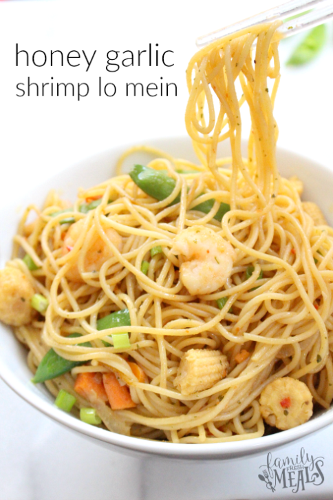 Honey Garlic Shrimp Lo Mein -- Easy meal! FamilyFreshMeals.com