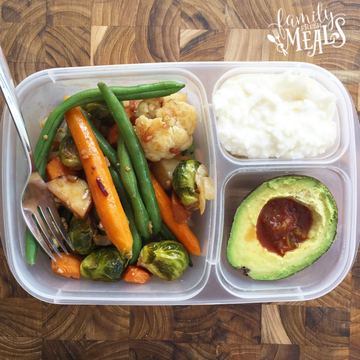 Ranch Roasted Vegetables Packed for Lunch with cottage cheese and half and avocado