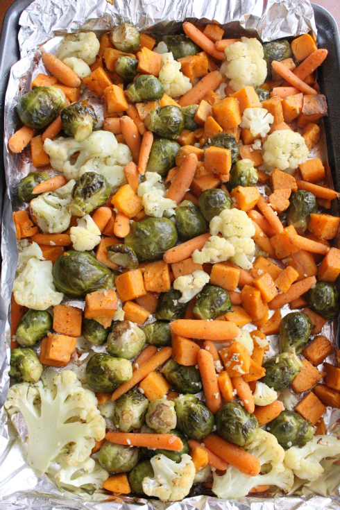 Ranch Roasted Vegetables on a foil lined baking sheet