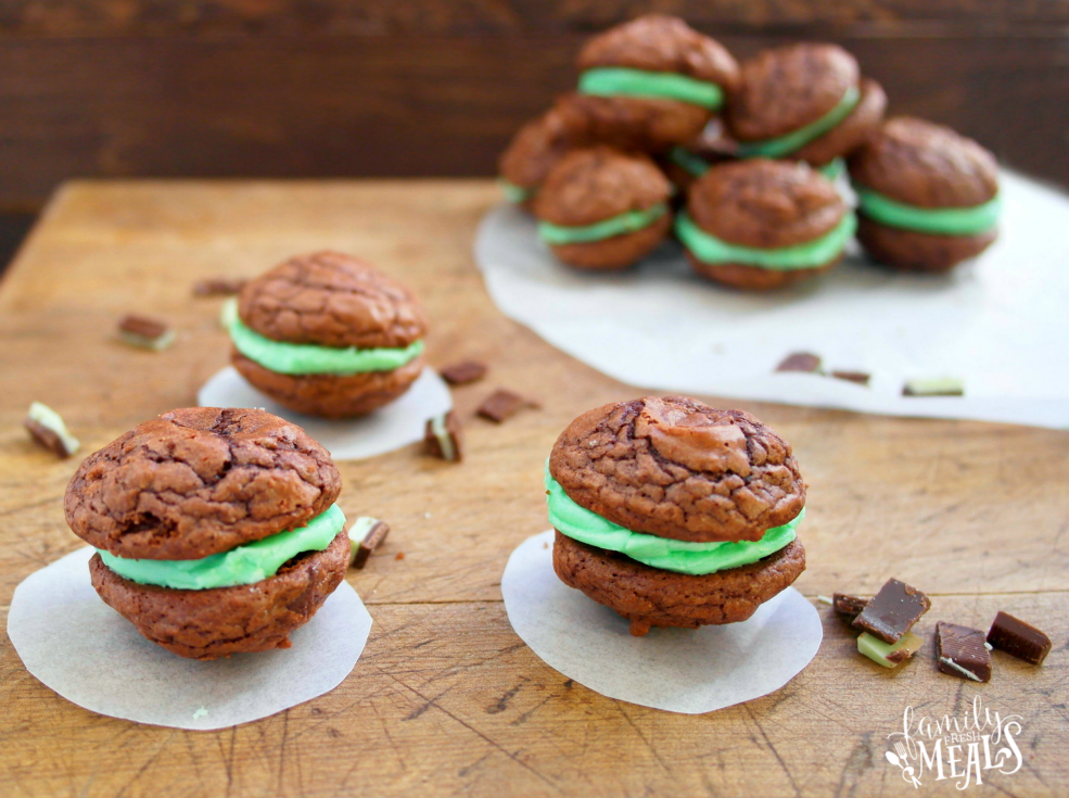 Andes Mint Brownie Bites on a cutting board