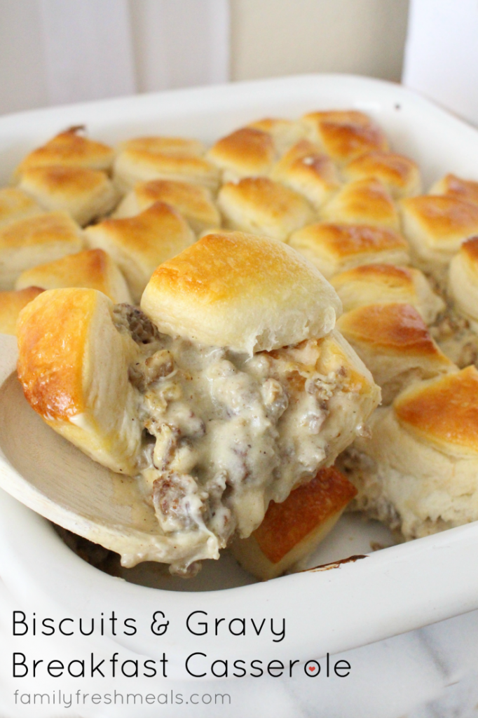 Biscuits and Gravy Breakfast Casserole - Scooping out a serving of casserole - Family Fresh Meals