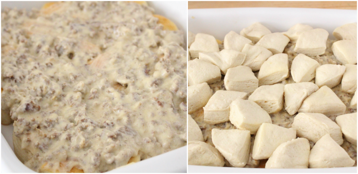 Biscuits and Gravy Breakfast Casserole - Gravy mixture spread on top of biscuit pieces and more biscuit pieces placed on top