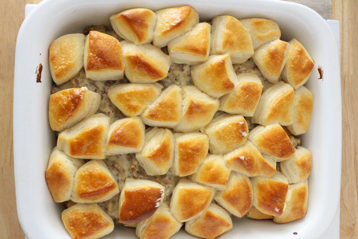 Biscuits and Gravy Breakfast Casserole - Casserole cooked, biscuits are golden brown