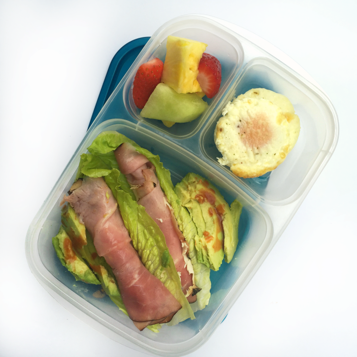 Oven Baked Egg Bites - Packed in a lunchbox with ham, lettuce and fruit