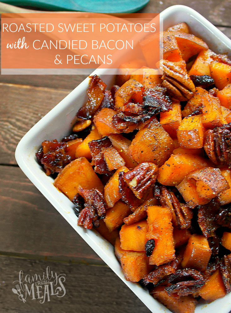 Roasted Sweet Potatoes with Candied Bacon and Pecans in a white bowl