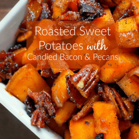 Roasted Sweet Potatoes with Candied Bacon and Pecans in a white bowl