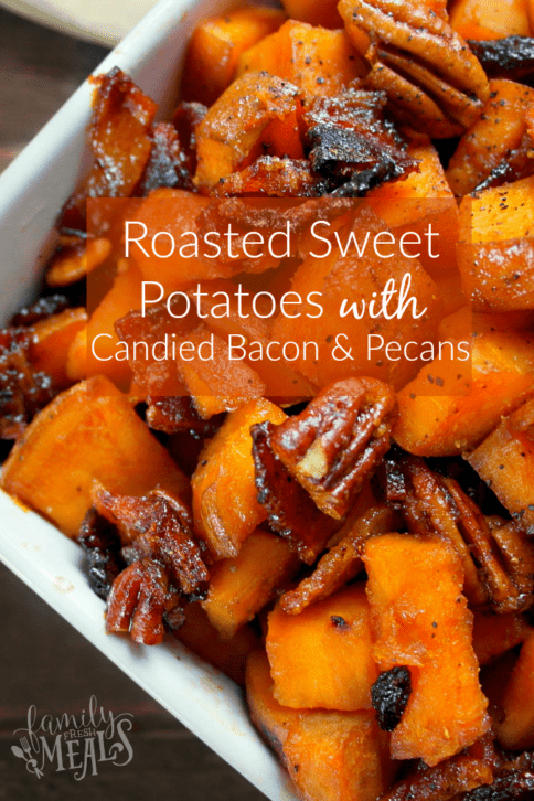 Roasted Sweet Potatoes with Candied Bacon and Pecans in a white bowl
