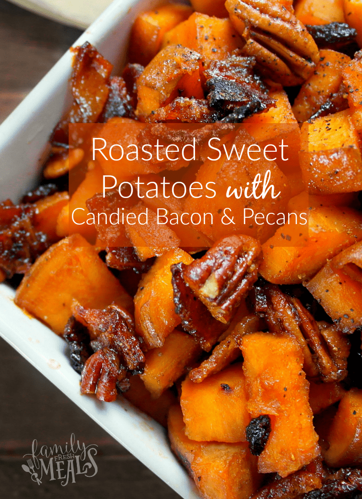 Roasted Sweet Potatoes with Candied Bacon and Pecans in a white bowl