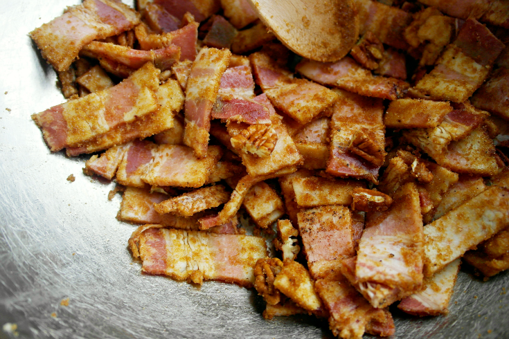 Butter, brown sugar, pecans,  salt & pepper and bacon in a mixing bowl
