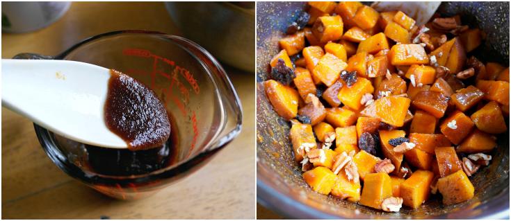 collage image showing sauce being mixed and then added to bowl with sweet potatoes