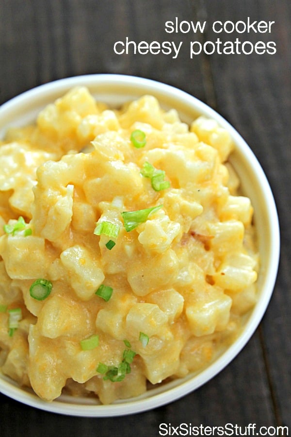 Slow Cooker Cheesy Potatoes in a white bowl