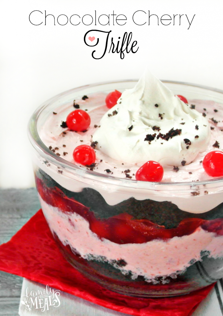 Chocolate Cherry Trifle in a glass serving bowl