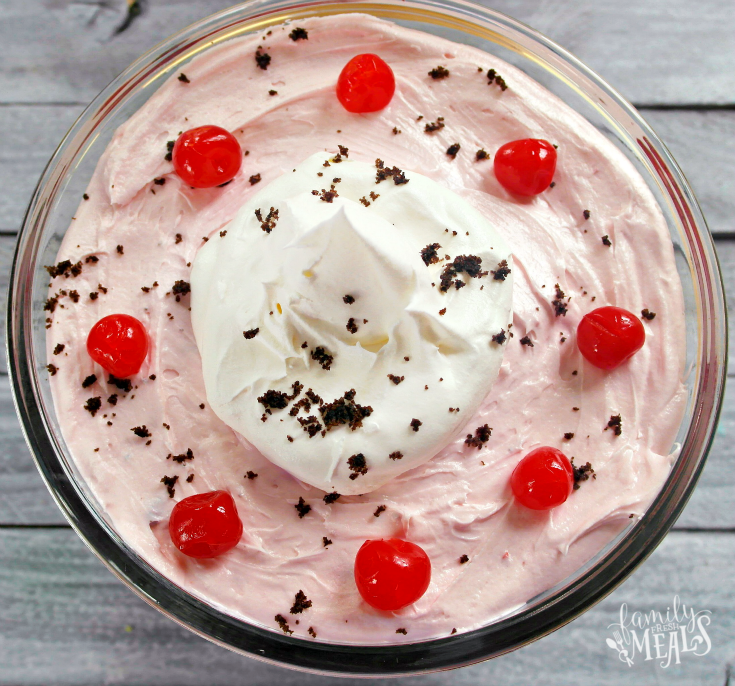 Top down Chocolate Cherry Trifle in a glass serving bowl