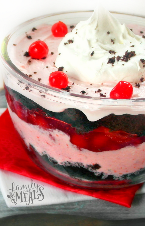 Chocolate Cherry Trifle in glass serving bowl