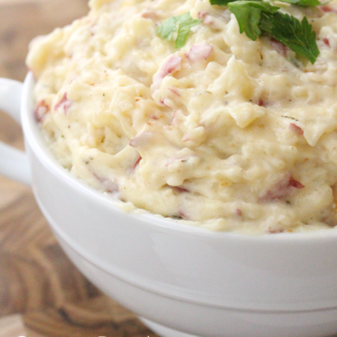 Creamy Ranch Crockpot Mashed Potatoes - FamilyFreshMeals.com --