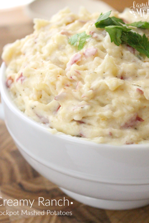 Creamy Ranch Crockpot Mashed Potatoes - FamilyFreshMeals.com --