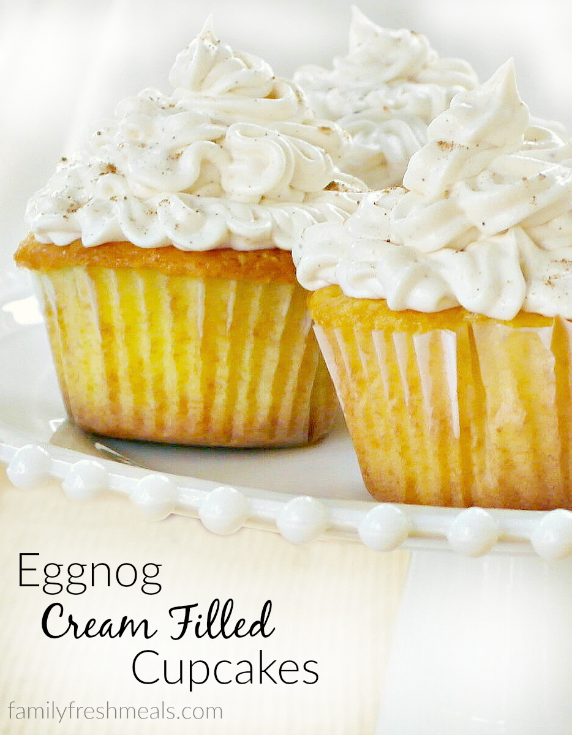 Eggnog Cream Filled Cupcakes on a serving platter