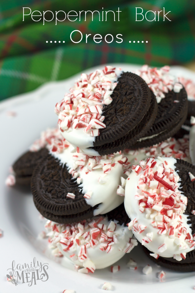 peppermint bark oreos stacked on a plate