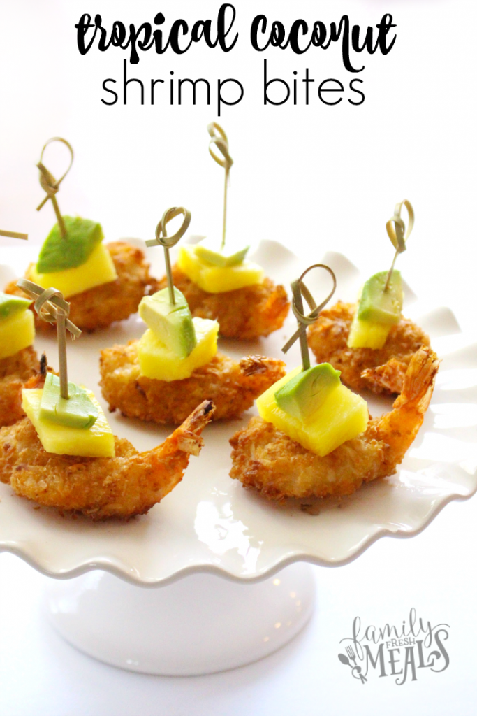 Tropical coconut shrimp bites on a serving platter