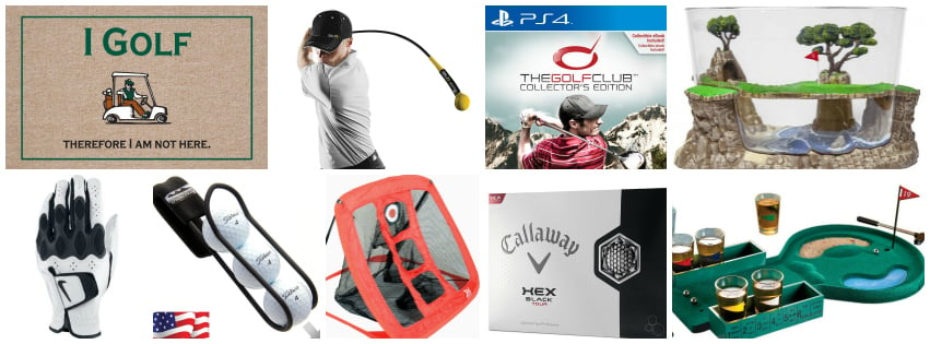 Collage image showing golf lover gift ideas