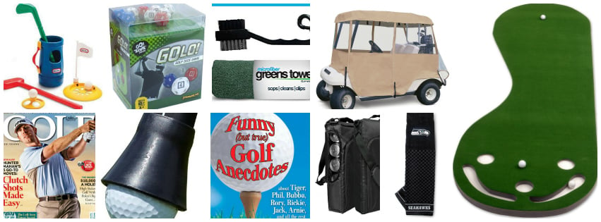 Collage image showing golf lover gift ideas