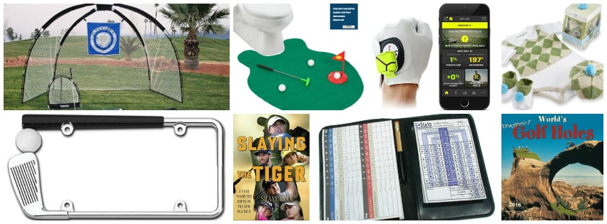 Collage image showing golf lover gift ideas