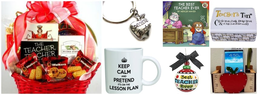 collage image showing different teacher gift ideas