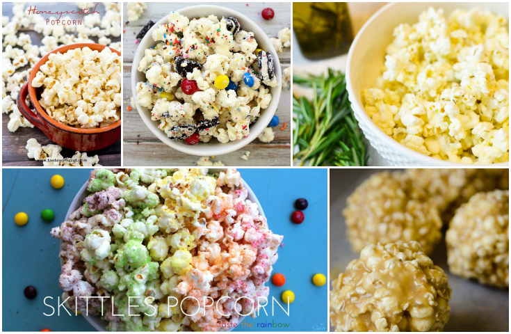 collage image of 5 different popcorn recipes