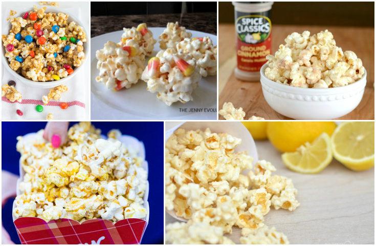 collage image of 5 different pop corn recipes