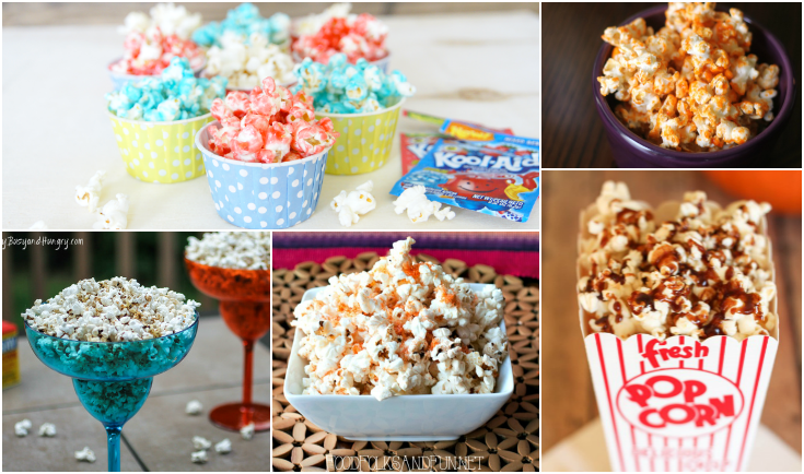 collage image of 5 different popcorn recipes