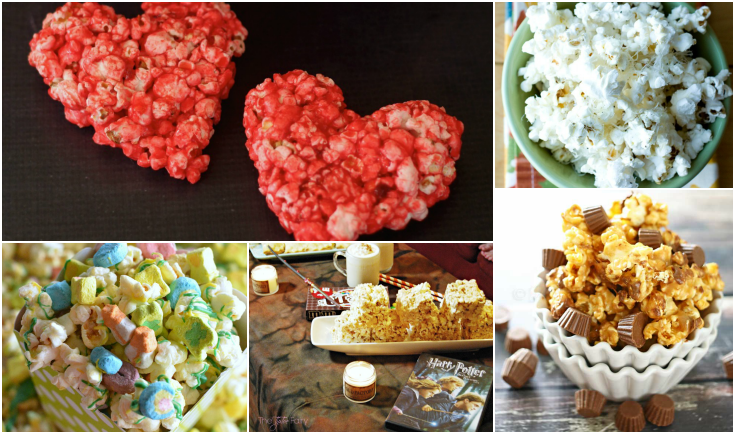 collage image of 5 different popcorn recipes