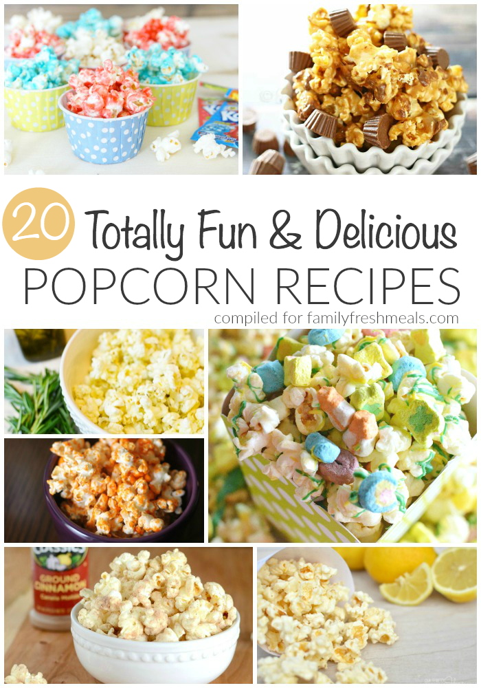 Collage image of different popcorn recipes