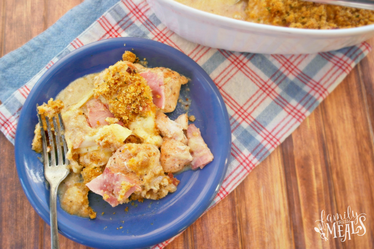 Chicken Cordon Bleu Casserole served on a blue plate