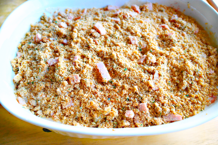 ham and bread crumbs added to top of casserole