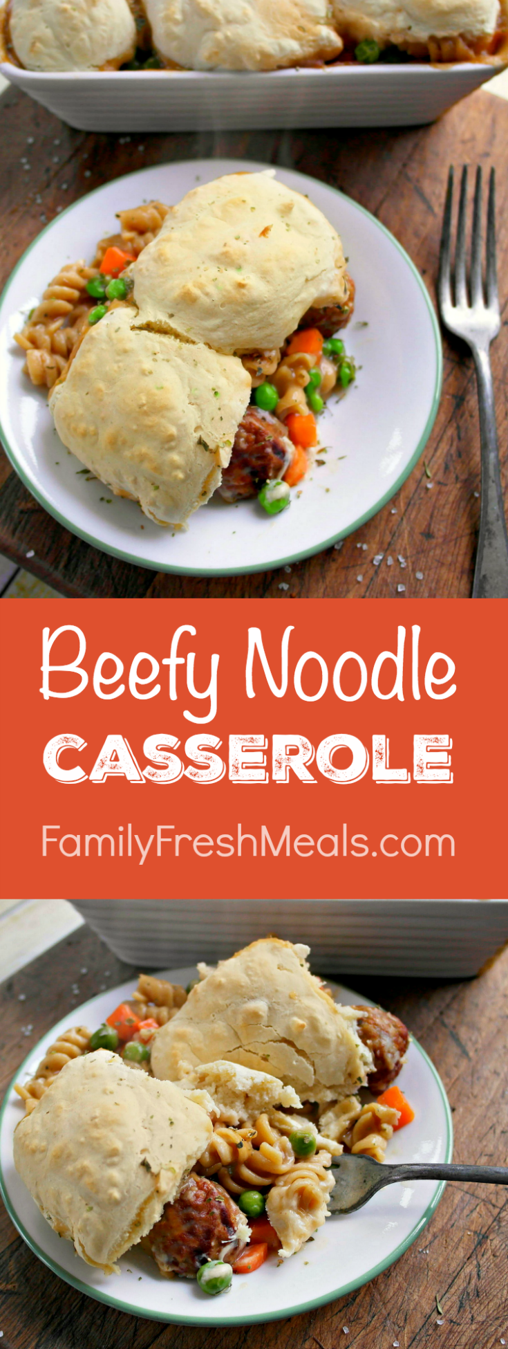 This Comforting Beefy Noodle Casserole is a whole meal packed into one dish: beef, veggies, noodles, and a nice brown gravy, all topped off with biscuits. via @familyfresh