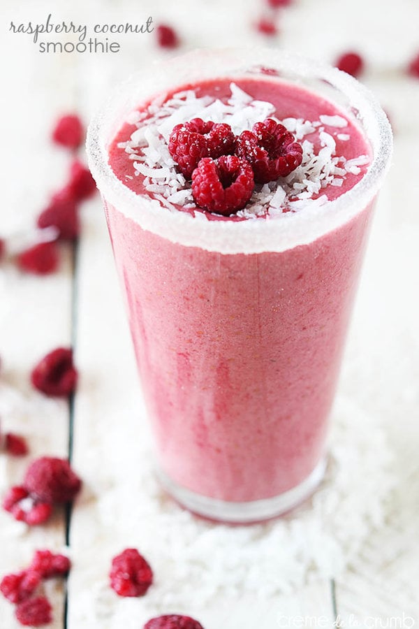 Raspberry Coconut Smoothie topped with raspberries