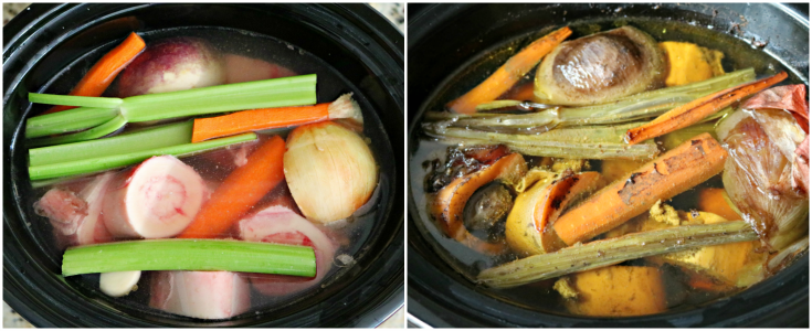 Vegetables and bone in a crockpot with water and seasonings