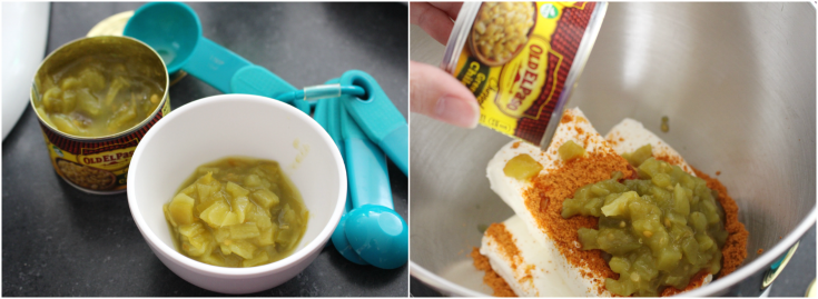 2 images showing green chilis being added to mixing bowl