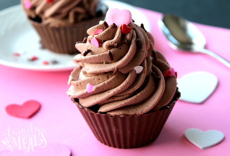 Easy Chocolate Mousse in two Chocolate Cups topped with heart sprinkles