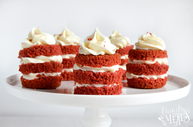 Easy Mini Red Velvet Cakes sitting on a stand. Valentine's Day Treat Recipes