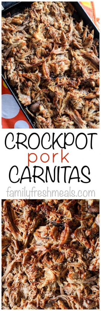 Easy Crockpot Pork Carnitas recipe. I LOVE this easy recipe for tacos, burritos, tostadas and salads!