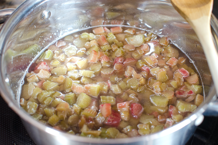 Easy Strawberry Rhubarb Jam - Rhubarb cooking in a sauce pan
