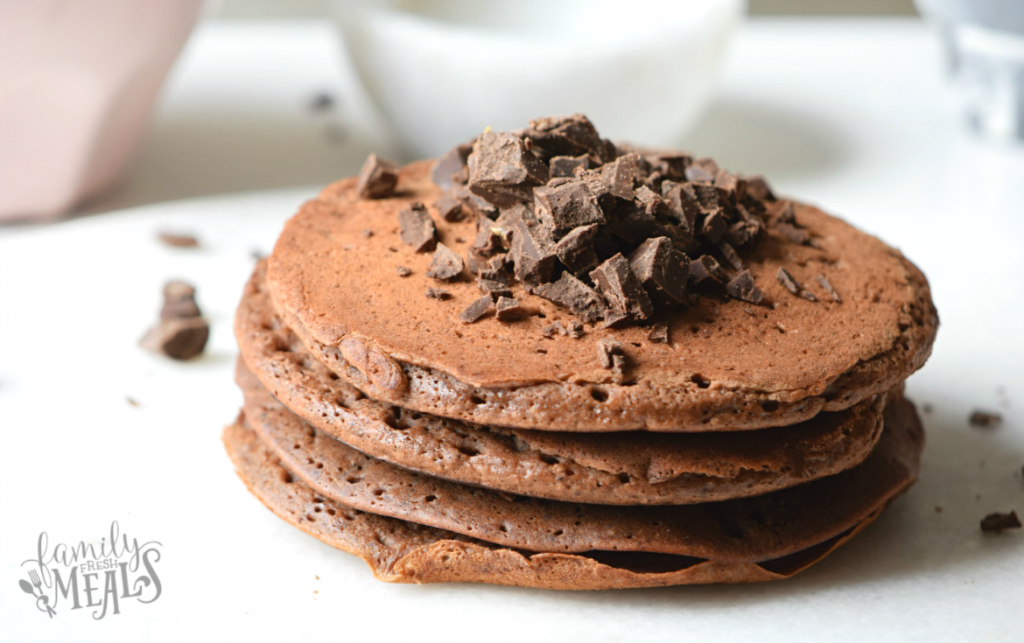 Double Chocolate Chunk Pancakes - Yum - FamilyFreshMeals.com