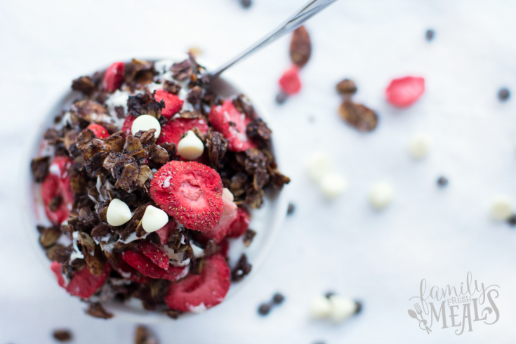 Chocolate Covered Strawberry Granola - FamilyFreshMeals.com - Great Homemade Snack