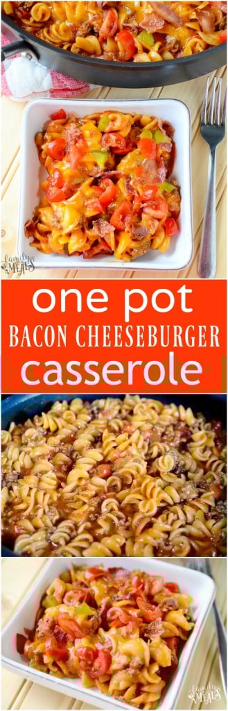 One Pot Bacon Cheeseburger Casserole - Easy family favorite meal - FamilyFreshMeals.com